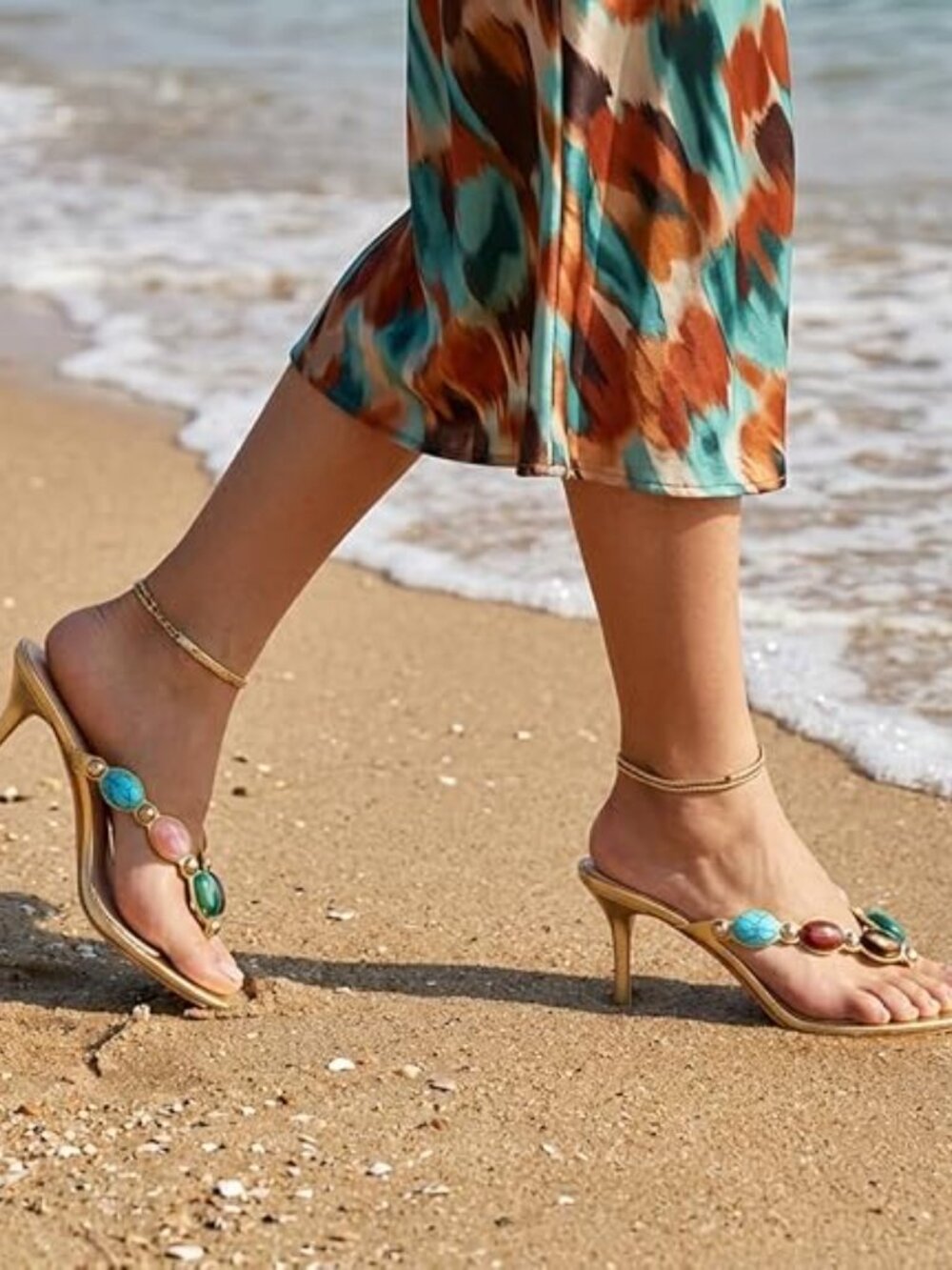 Women's Jeweled Thong Strappy Sandal Summer Mules Kitten Heels Flip Flop Round O